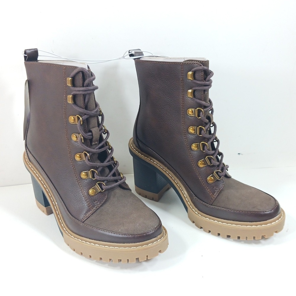 A New Day Tessa Brown Lace Up Block Heel Combat Lug Sole Boots Womens 6.5 NEW